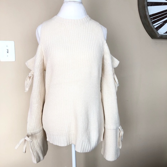 💕HP💕Cream Cold Shoulder Bell Sleeve Knit Sweater - Picture 2 of 7